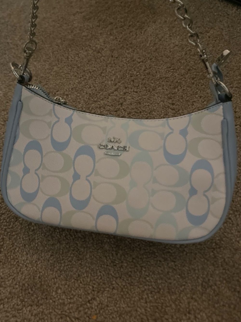 Coach Mini Shoulder Bag in Light Blue and Cream Signature Print